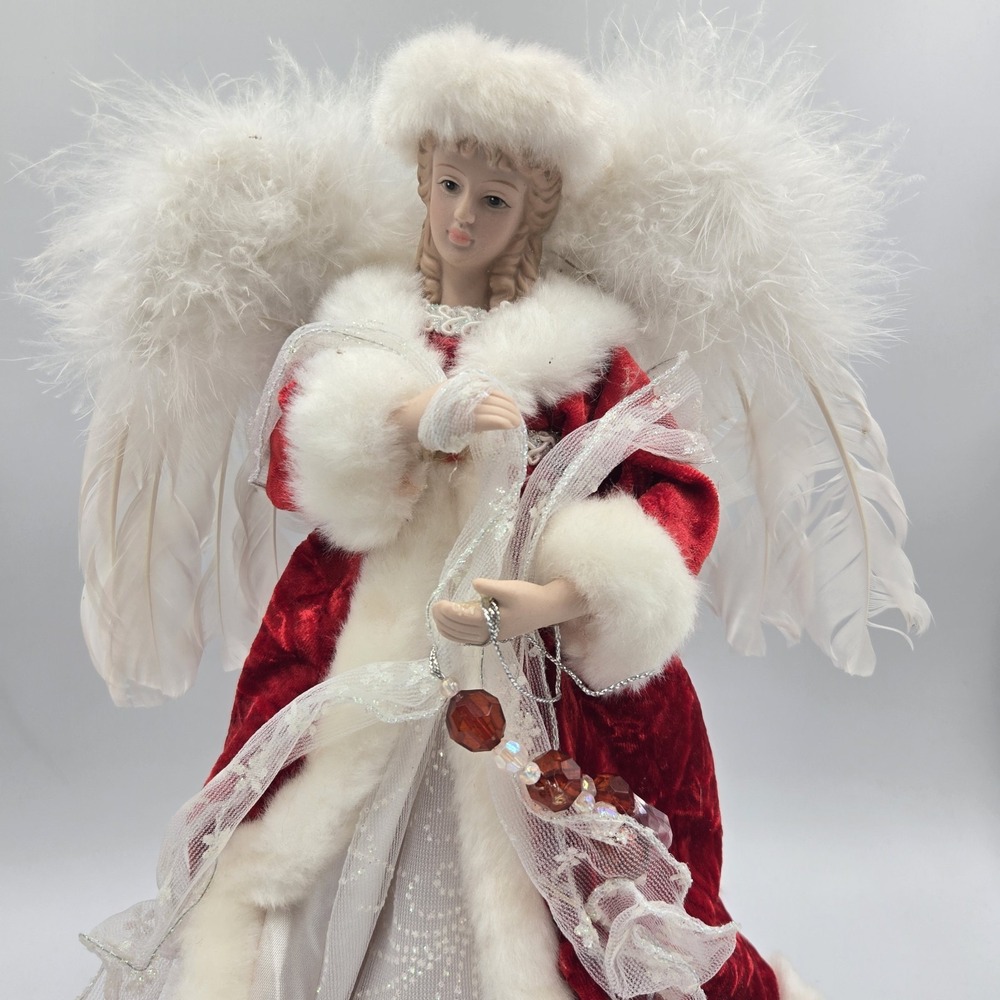 Vintage Dan Dee Collectors Choice Angel Christmas Tree Topper Red Velvet Fur 12"